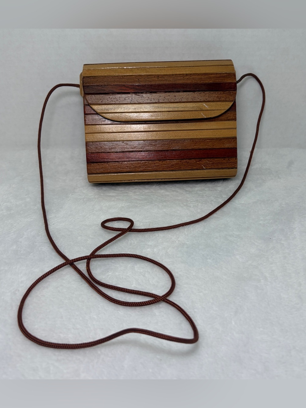 Wooden Striped Crossbody Bag in Natural Brown